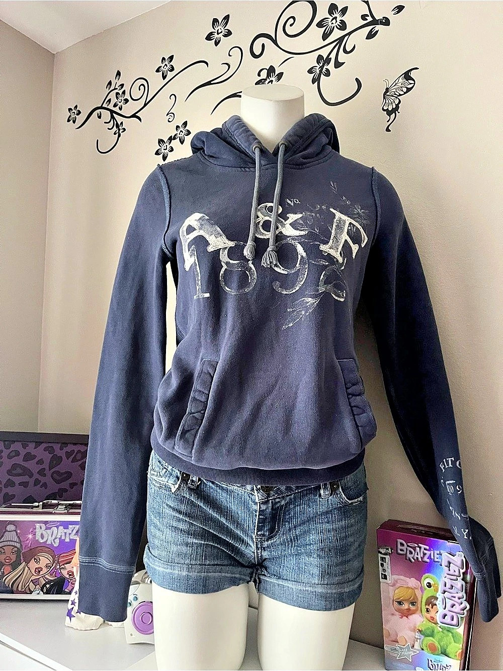 Abercrombie & Fitch Vintage A&F 1892 Applique Logo Graphic Hoodie Blue Small